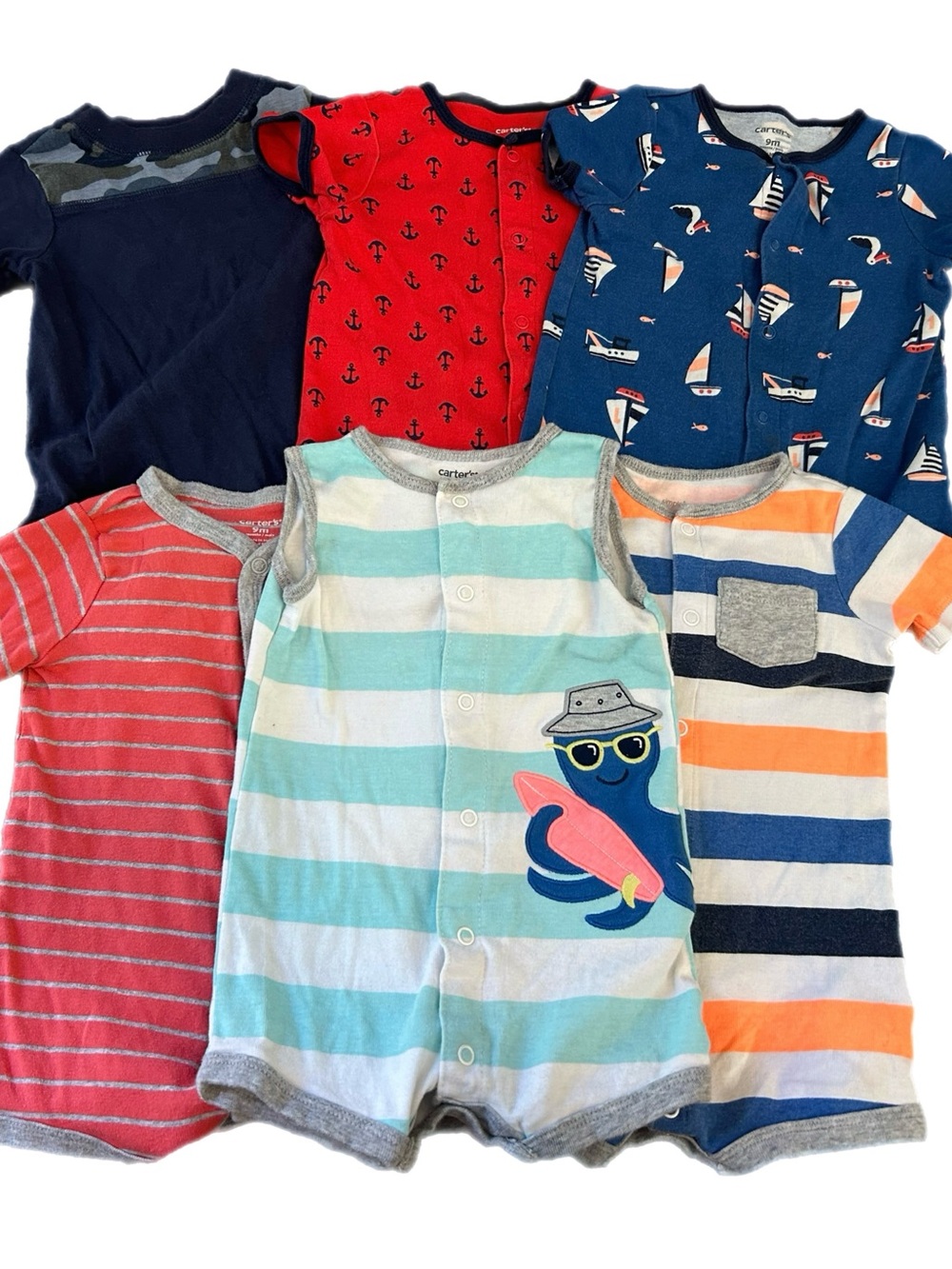 6-9m Carter's Baby Onesie Shorts Octopus Anchor Sailboat Nautical Rompers 6m 9m